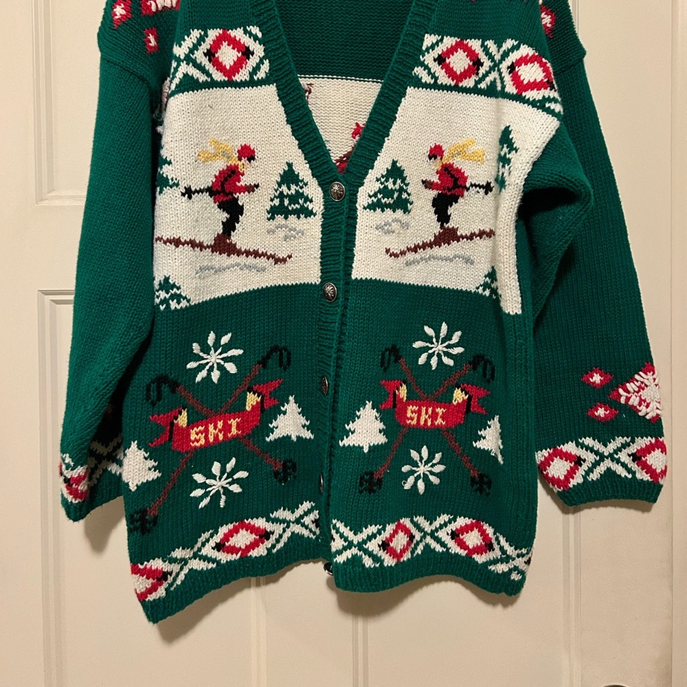 Festive Vintage PBJ Sport Green Ski Pattern Women's Cardigan sz L